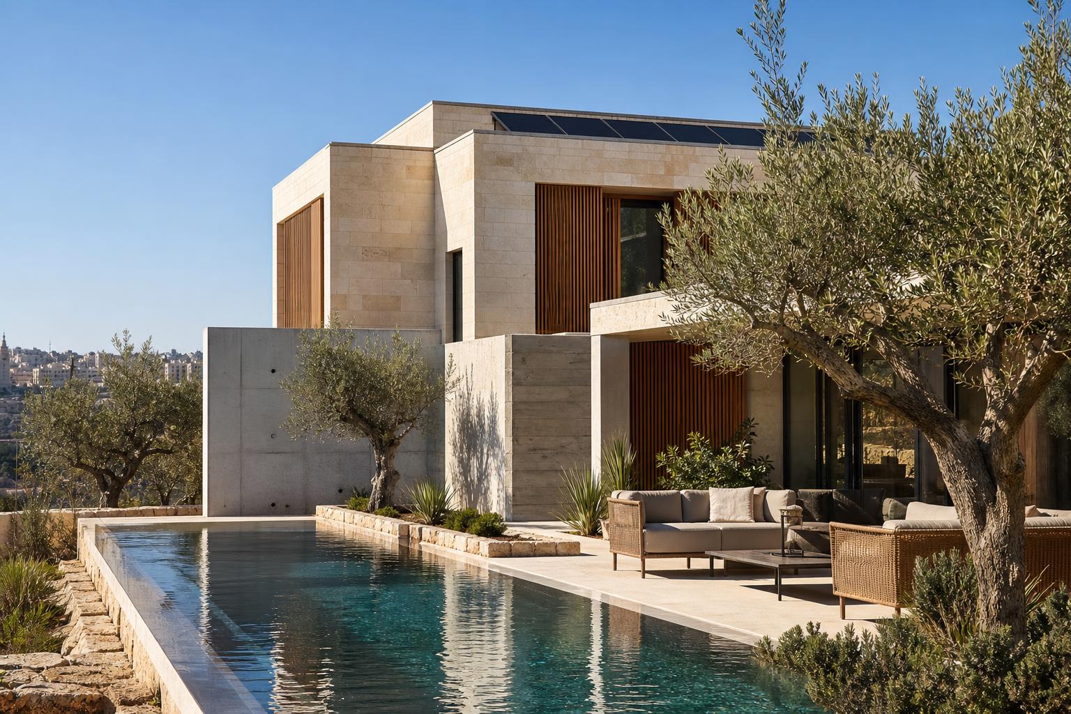 A modern home in wood and concrete with a rooftop solar array and a pool in the foreground.